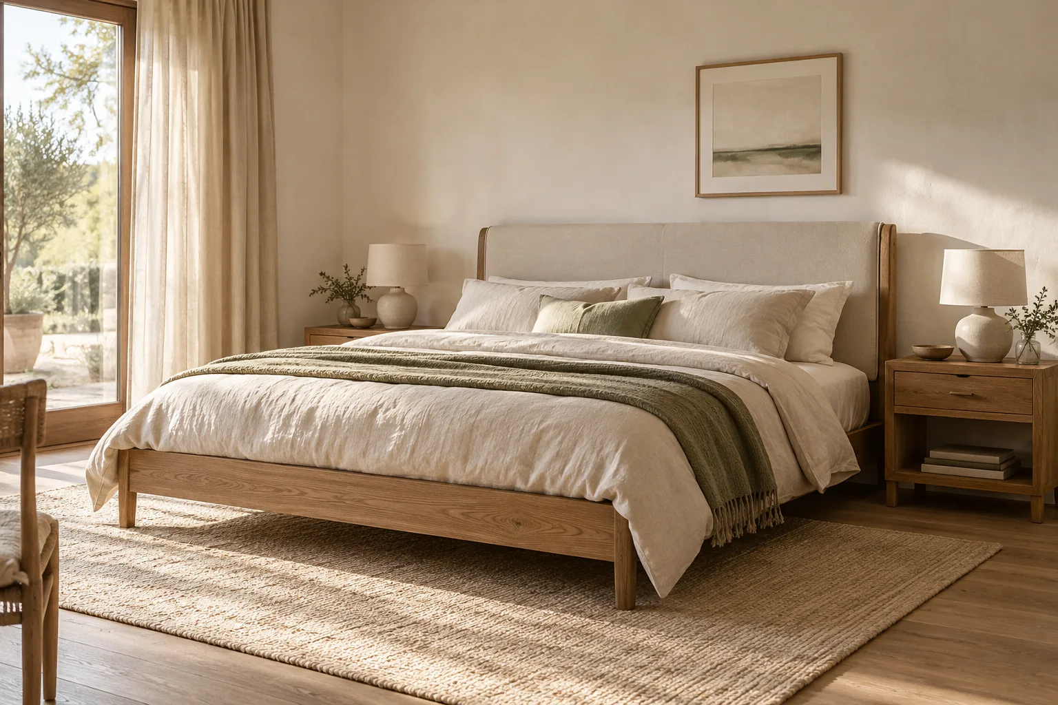 Ambiente ilustrativo generado con IA: dormitorio en tonos naturales con cama y veladores.
