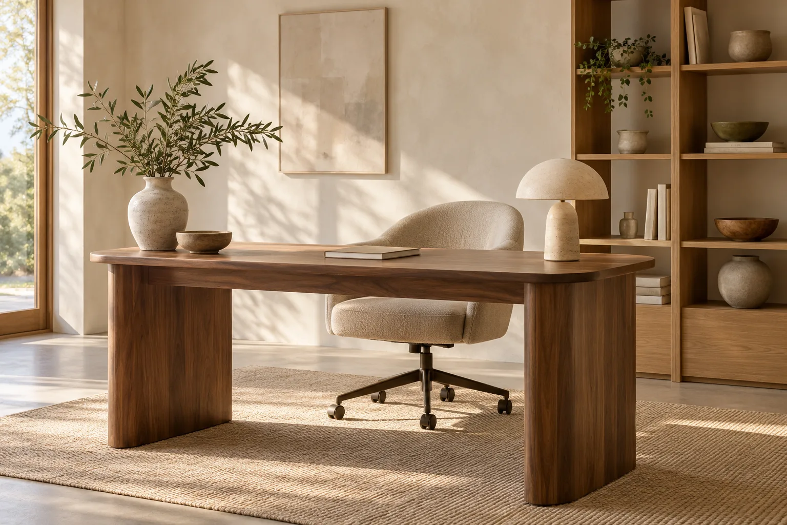 Ambiente ilustrativo generado con IA: espacio de trabajo con escritorio y silla en tonos cálidos.