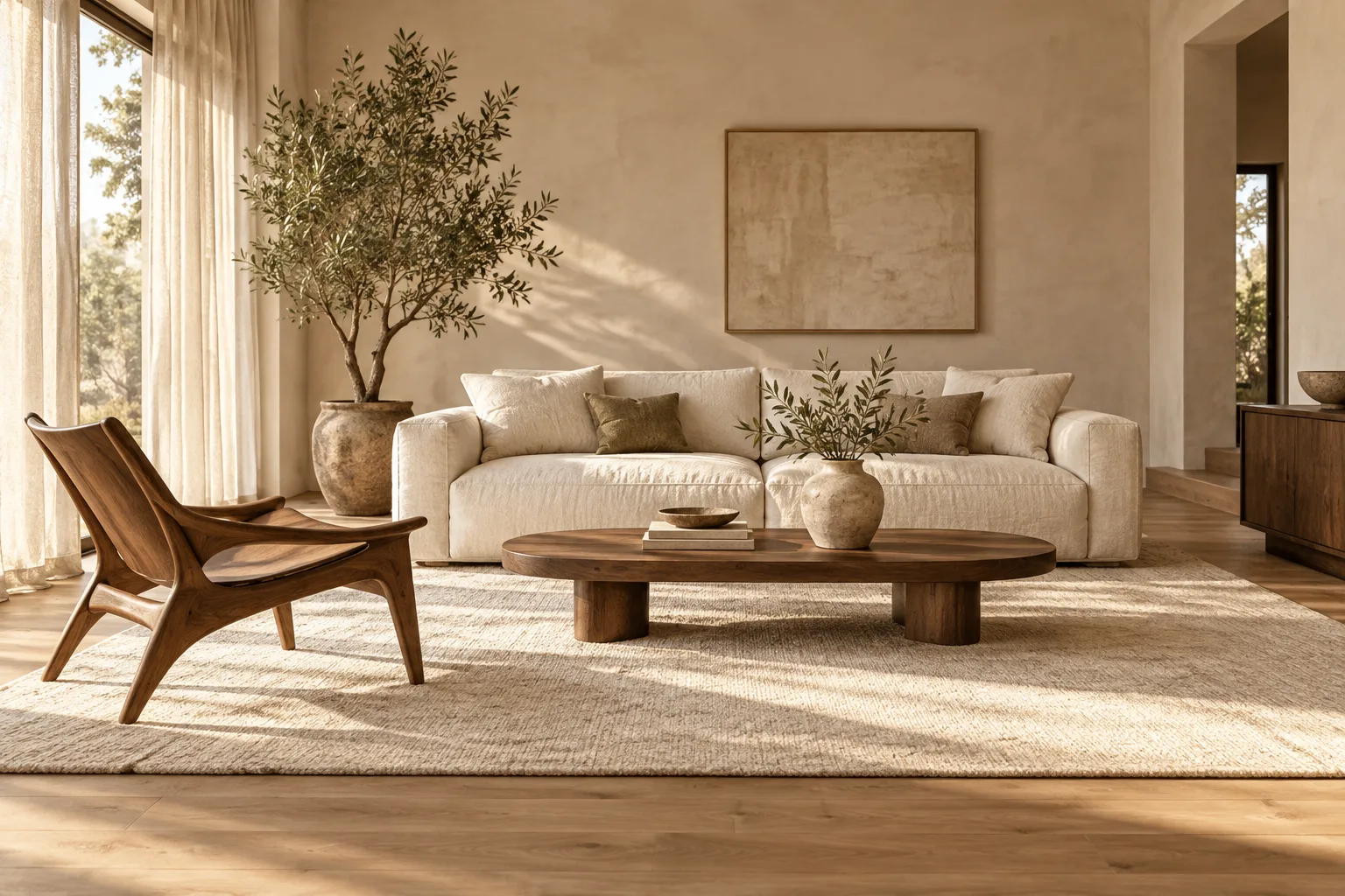 Ambiente ilustrativo generado con IA: sala en tonos cálidos con sofá beige y mesa de madera.